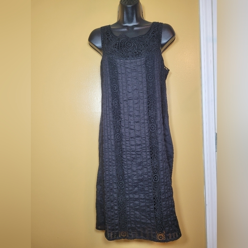 Sundance 100% Cotton Black Pleated Pin Tuck Crochet Boho Dress sz M